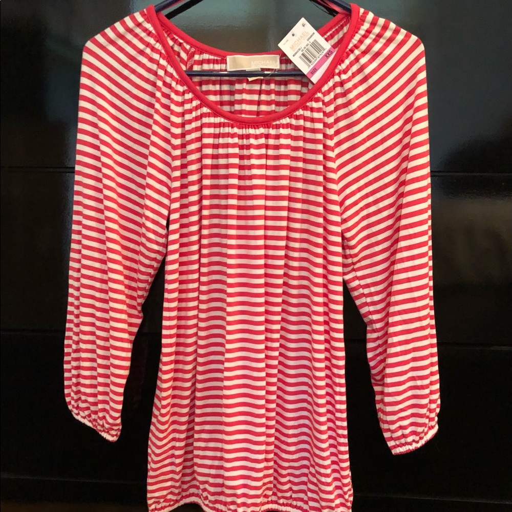 🛍Michael Kors Raglan Red Striped Blouse Geranium